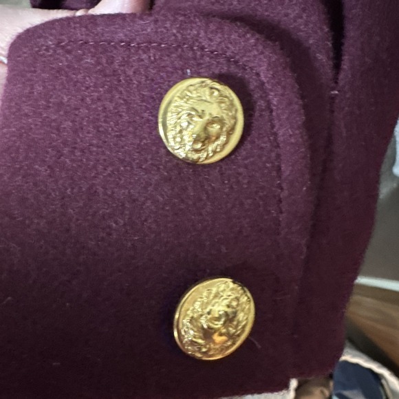 Donnybrook Maroon Long Wool Peacoat Gold Lion Buttons Size 12 Paisley Liner - Picture 6 of 13
